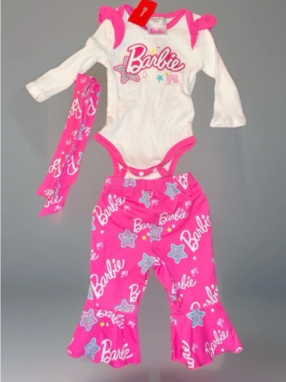Barbie Pink Logo Ruffle Pants Set with White Bodysuit